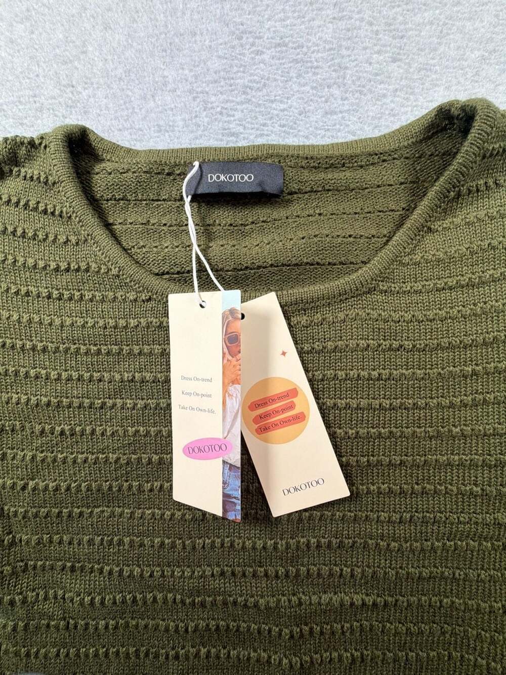 Dokotoo Women's Olive Green Textured Knit Pullover Sweater - Picture 3 of 7